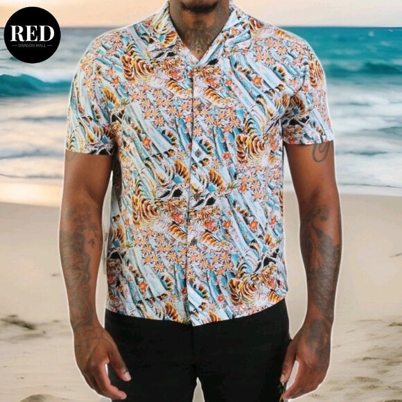 ED HARDY Tiger Floral Button Camp Shirt - Men's Size 2XL - Picture 1 of 10